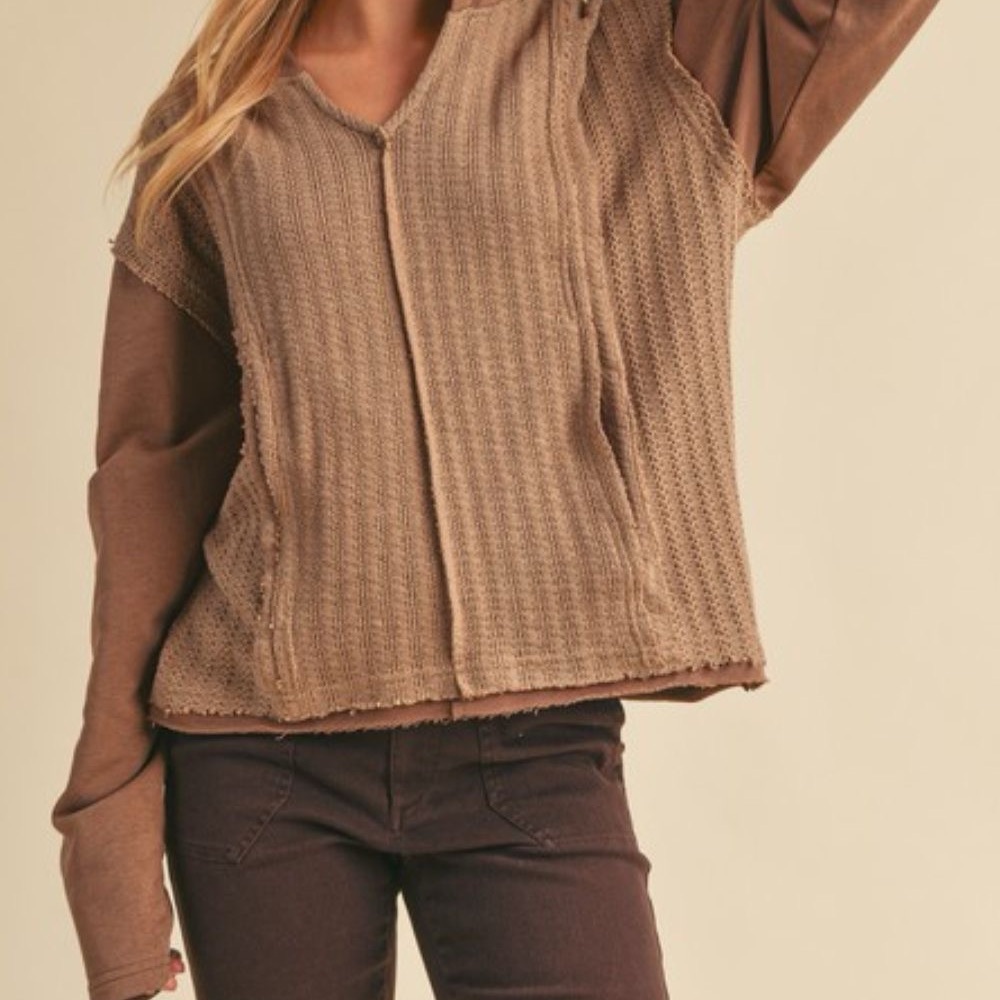 Frayed Hem Exposed Seam Long Sleeve Hoodie